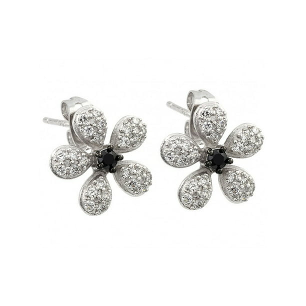 Clear Cubic Zirconia Encrusted Bowl Shape Stud Earrings Rhodium Plated Sterling Silver 
